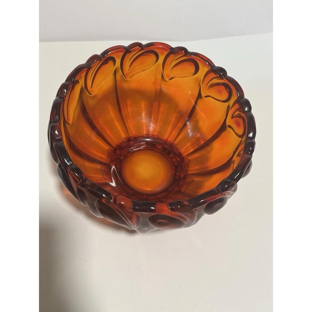 Indiana Tiara Ruby Cadmium Amberina UV Glow Glass Leaf Pattern Heavy Bowl MCM - Picture 8 of 8